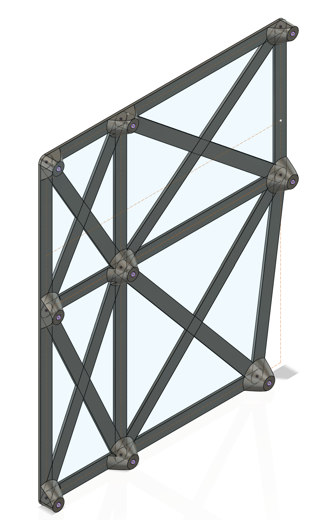 Screenshot of design in Autodesk Fusion.  Design is a bunch of stumps with holes arranged to mate with an ATX motherboard and connected with a flat lattice backplane.